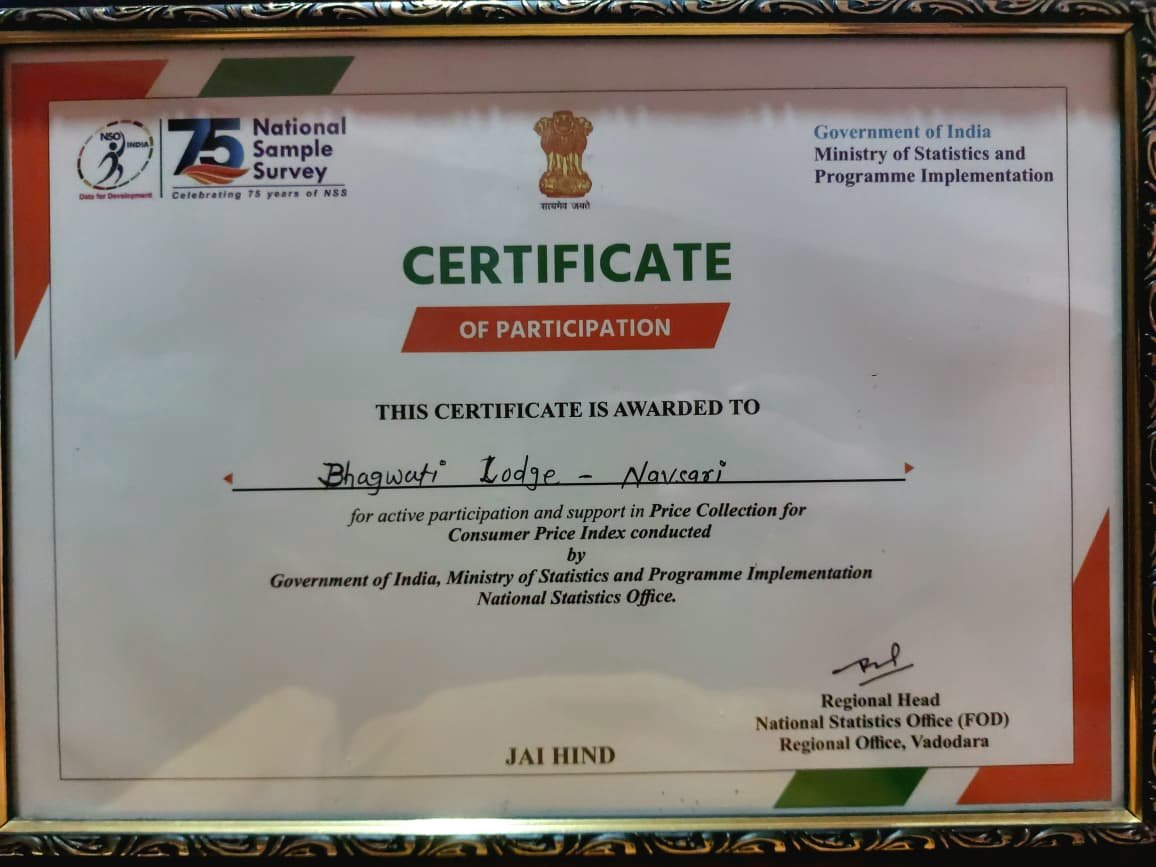 Certificate of Participation awarded to Bhagwati Lodge Navsari by Government of India Ministry of Statistics and Programme Implementation