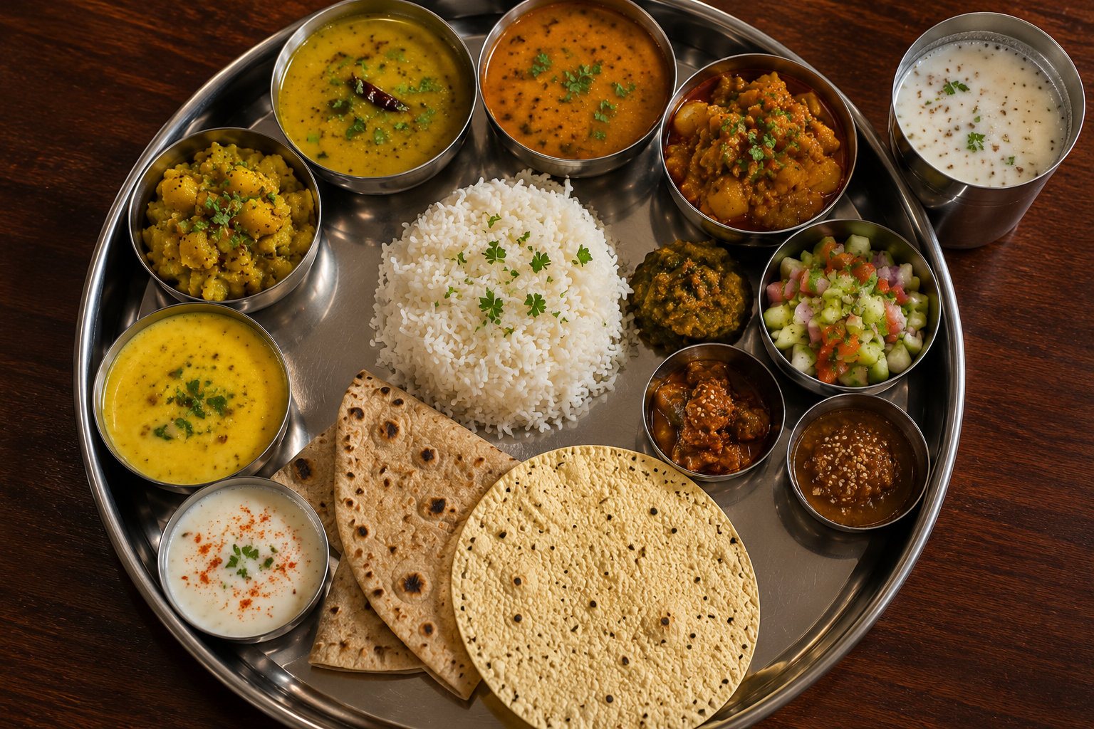 Full Fix Gujarati Thali at Bhagwati Lodge Navsari — Dal, Kadhi, Sabzi, Rotli, Rice, Papad, Pickle, Chaas